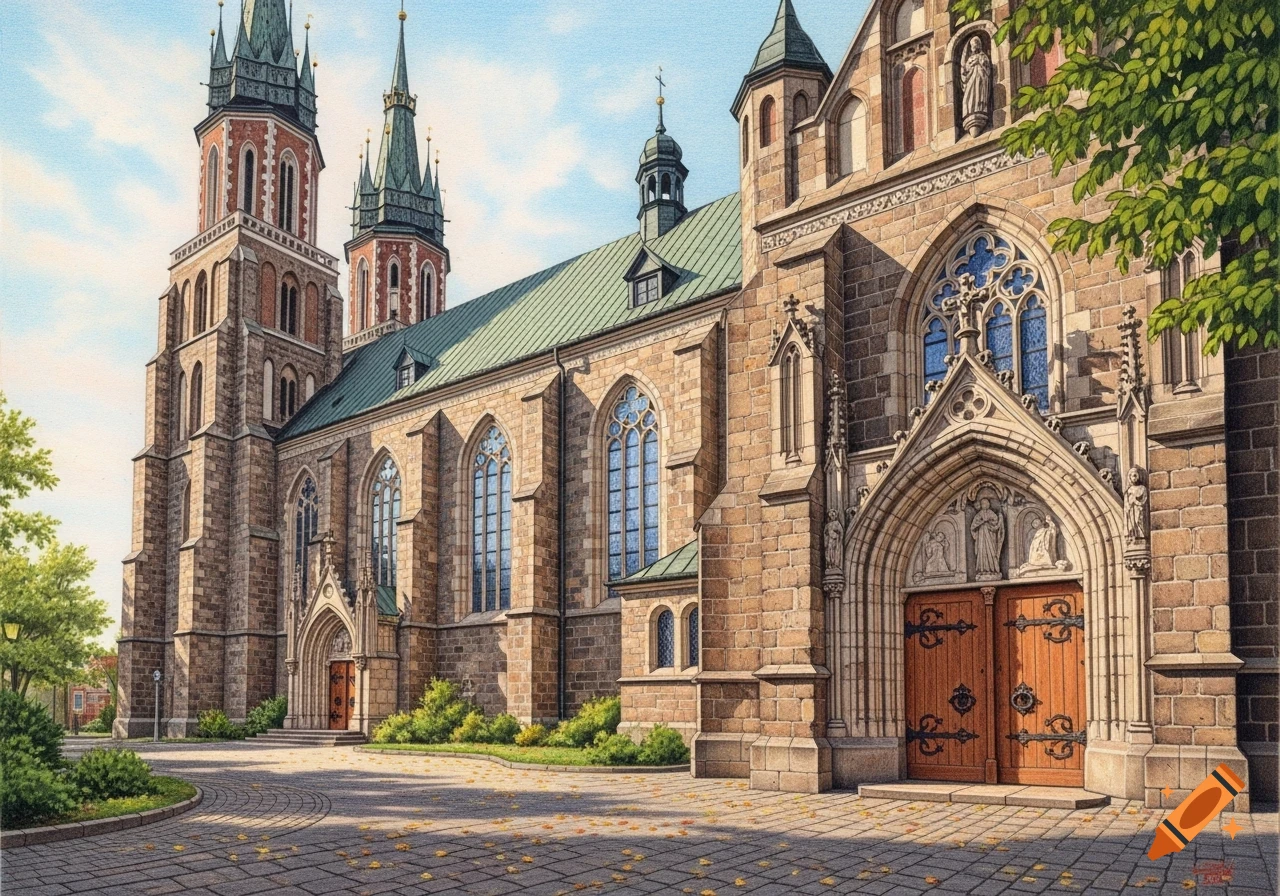 A detailed pencil color drawing of a grand stone church with two tall spires, arched windows, and a green roof under a blue sky.