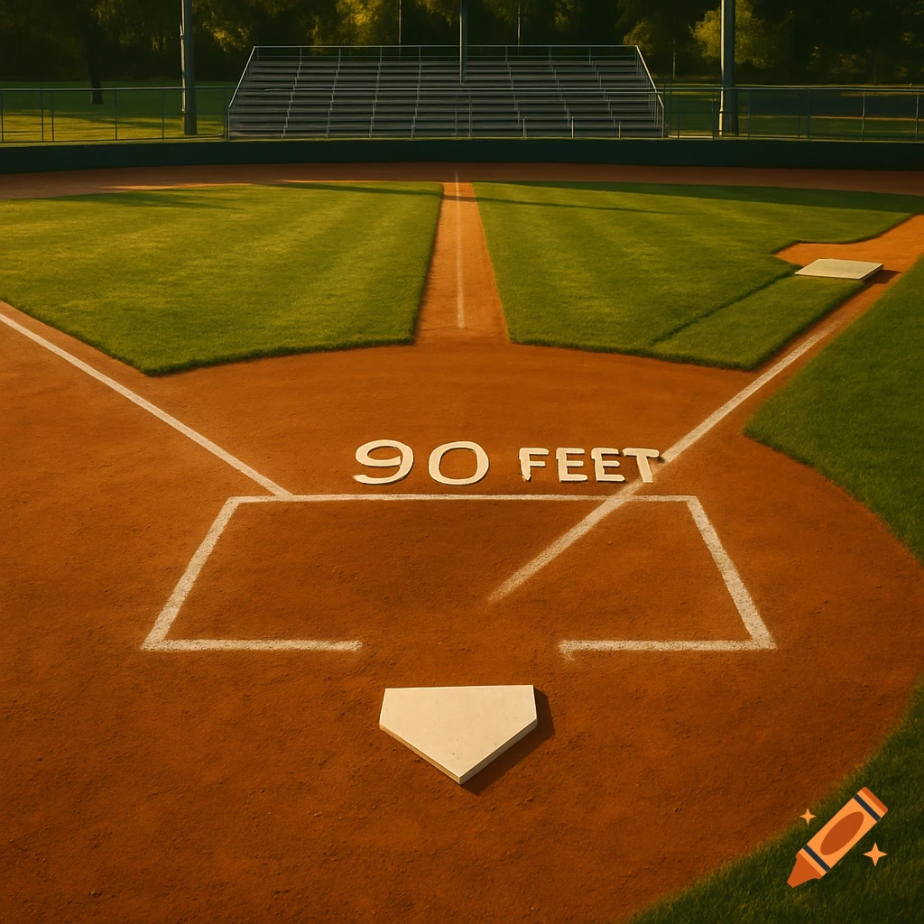 A photorealistic baseball diamond from home plate, with "90 FEET" written on the dirt infield and empty stadium seats in the background.