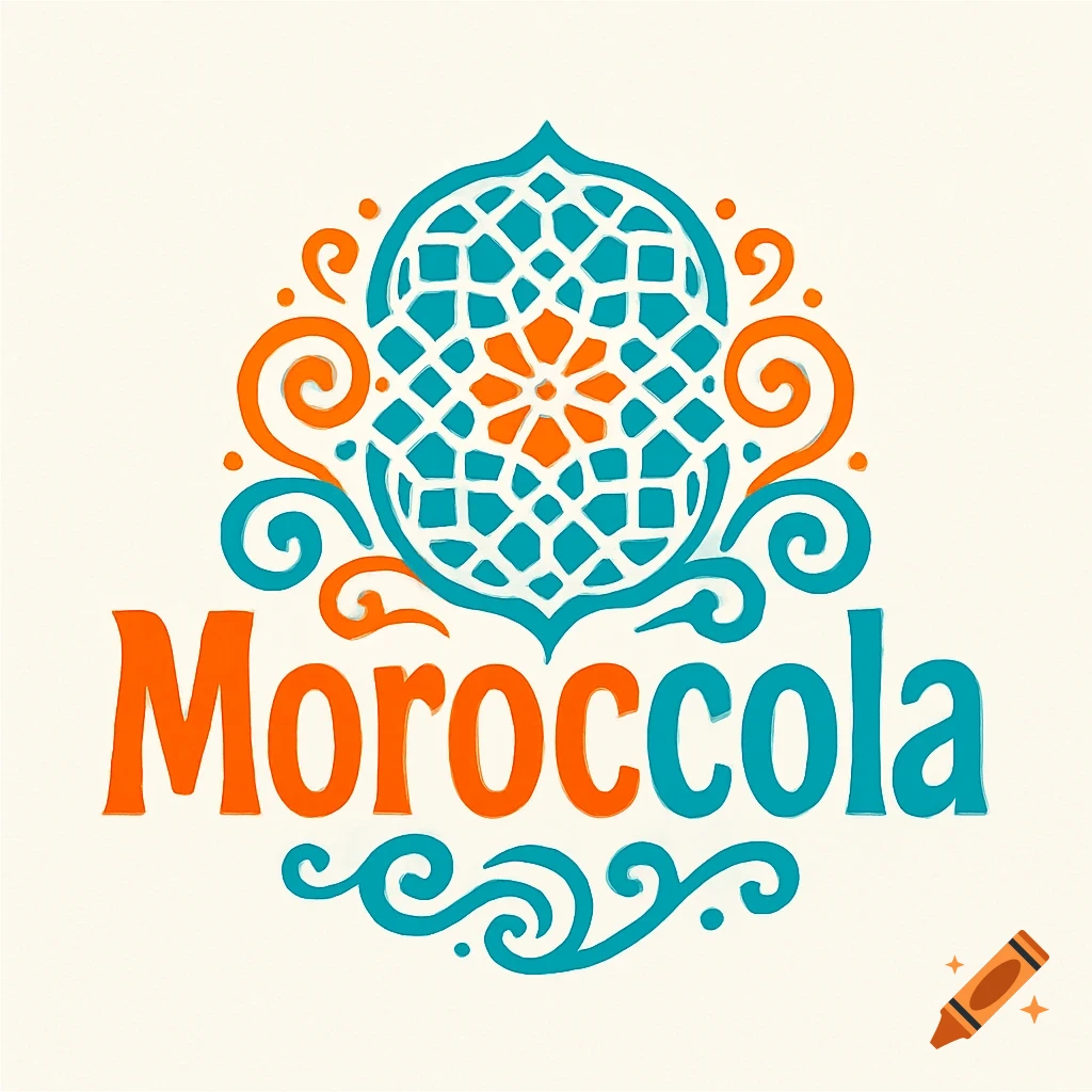 Vibrant orange and teal logo for Moroccola soda with Moroccan-inspired geometric patterns and stylized text.