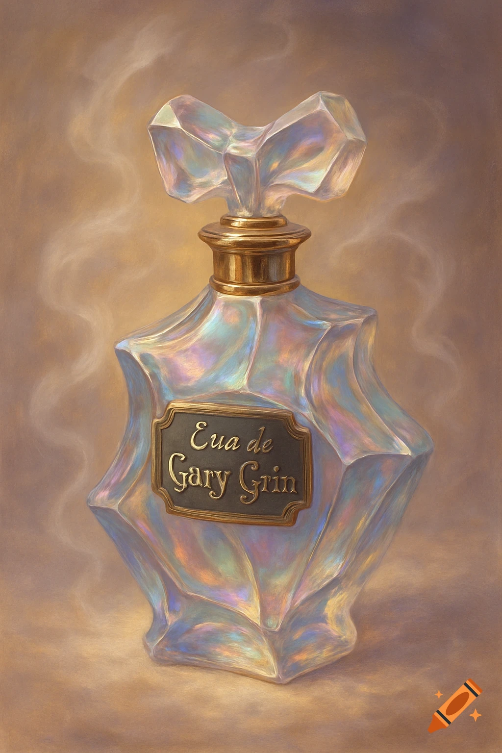 An ornate perfume bottle with a faceted crystal bow cap and a label reading "Eua de Gary Grin", against a soft brown background.