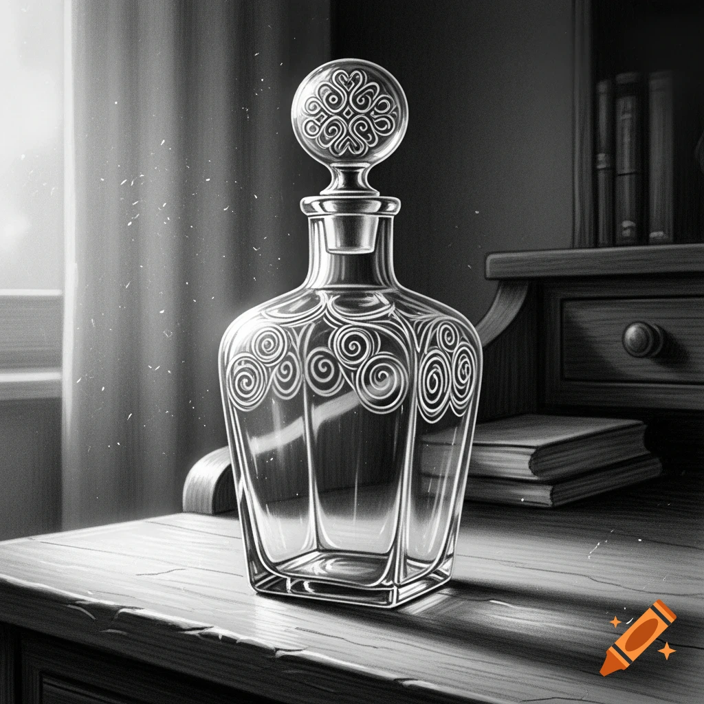 A black and white sketch of an ornate glass decanter with a patterned stopper, sitting on a wooden desk with books in the background.