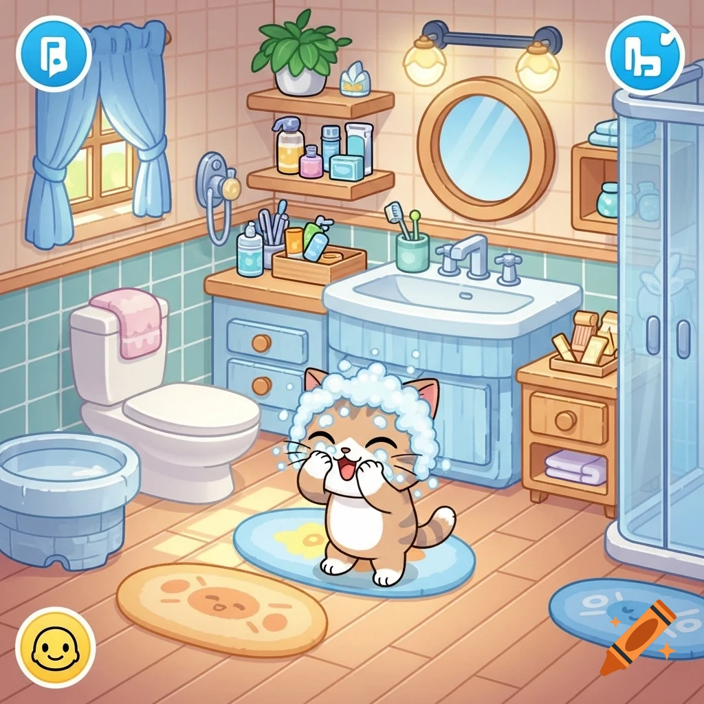 A cheerful cartoon illustration of a cute, fluffy cat with soap bubbles on its head, happily washing its face in a vibrant bathroom.