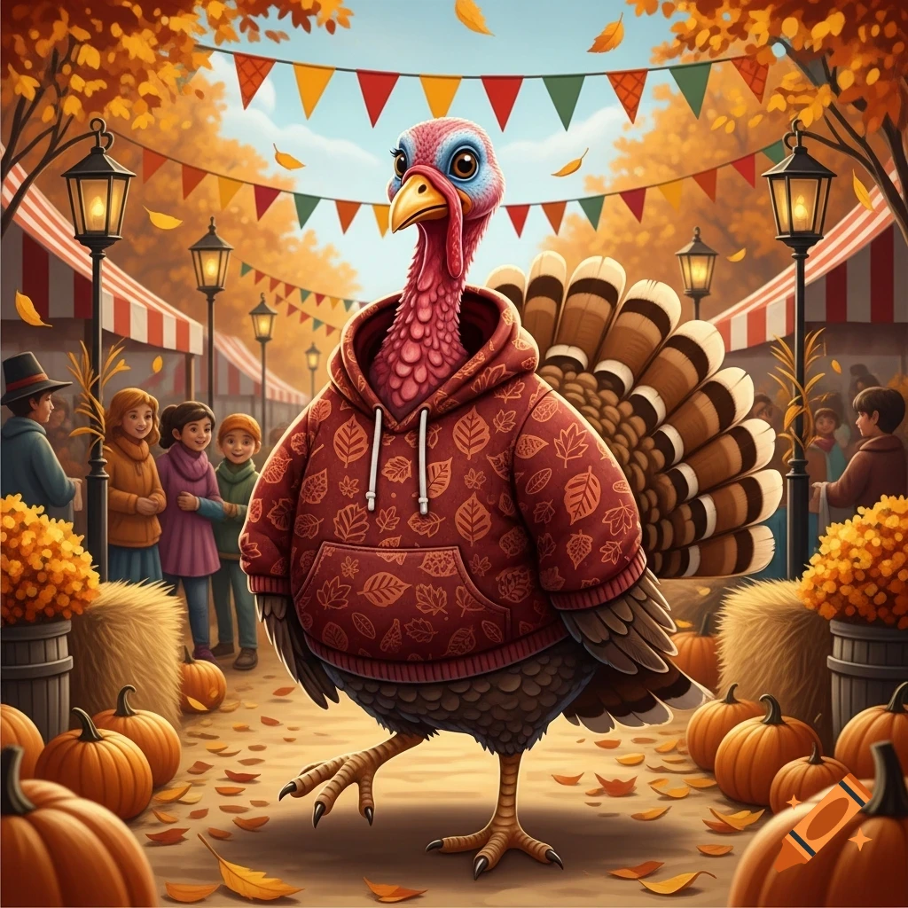 A cartoon turkey in a red leaf-patterned hoodie stands at a vibrant fall festival with pumpkins and people in the background.