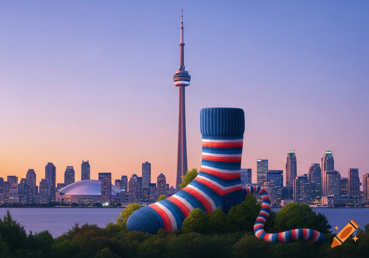 A colossal red, white, and blue striped sock sits in front of the photorealistic Toronto cityscape at dusk, with the CN Tower in the background.