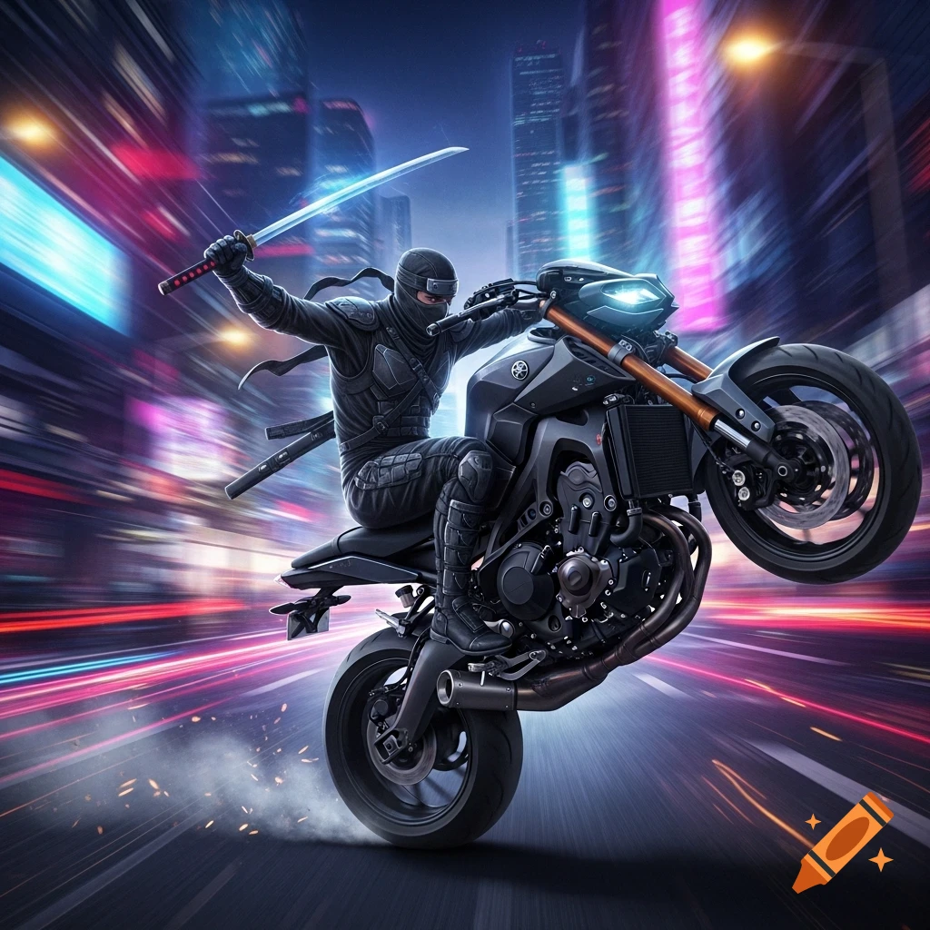 A black ninja on a motorcycle pops a wheelie on a neon-lit city street at night, wielding a katana.