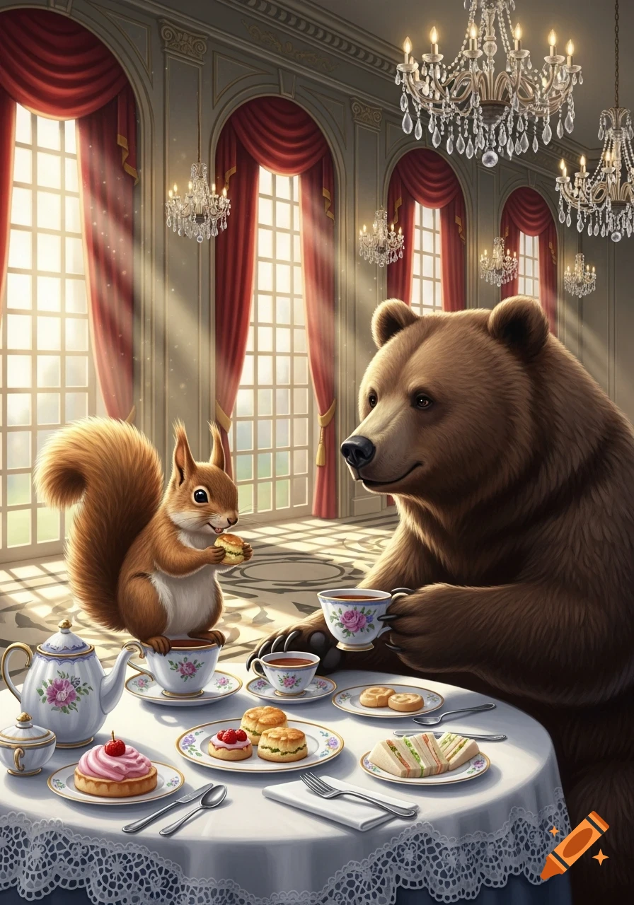A cute squirrel and a brown bear are having high tea at a fancy hotel, surrounded by elegant chandeliers and large windows.