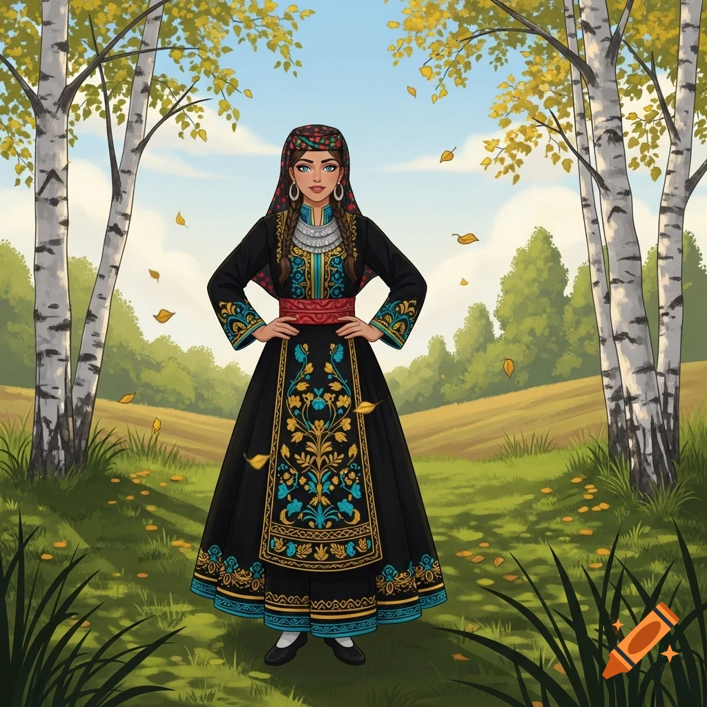 A stylized illustration of a woman in traditional black and gold embroidered attire with braids and a headscarf, standing in an autumnal birch forest.