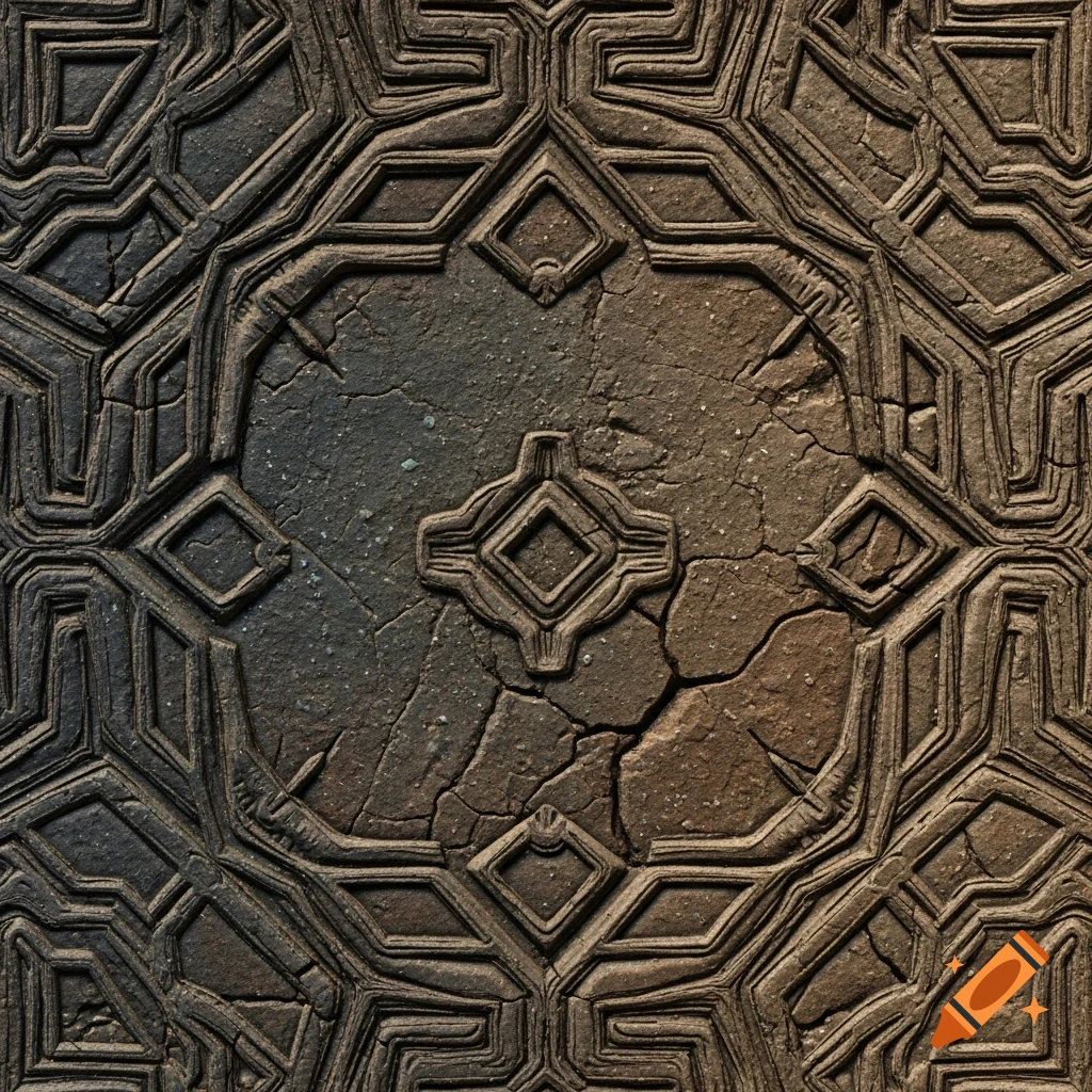 A dark, cracked, geometric pattern resembling a game texture in an ancient, worn style.