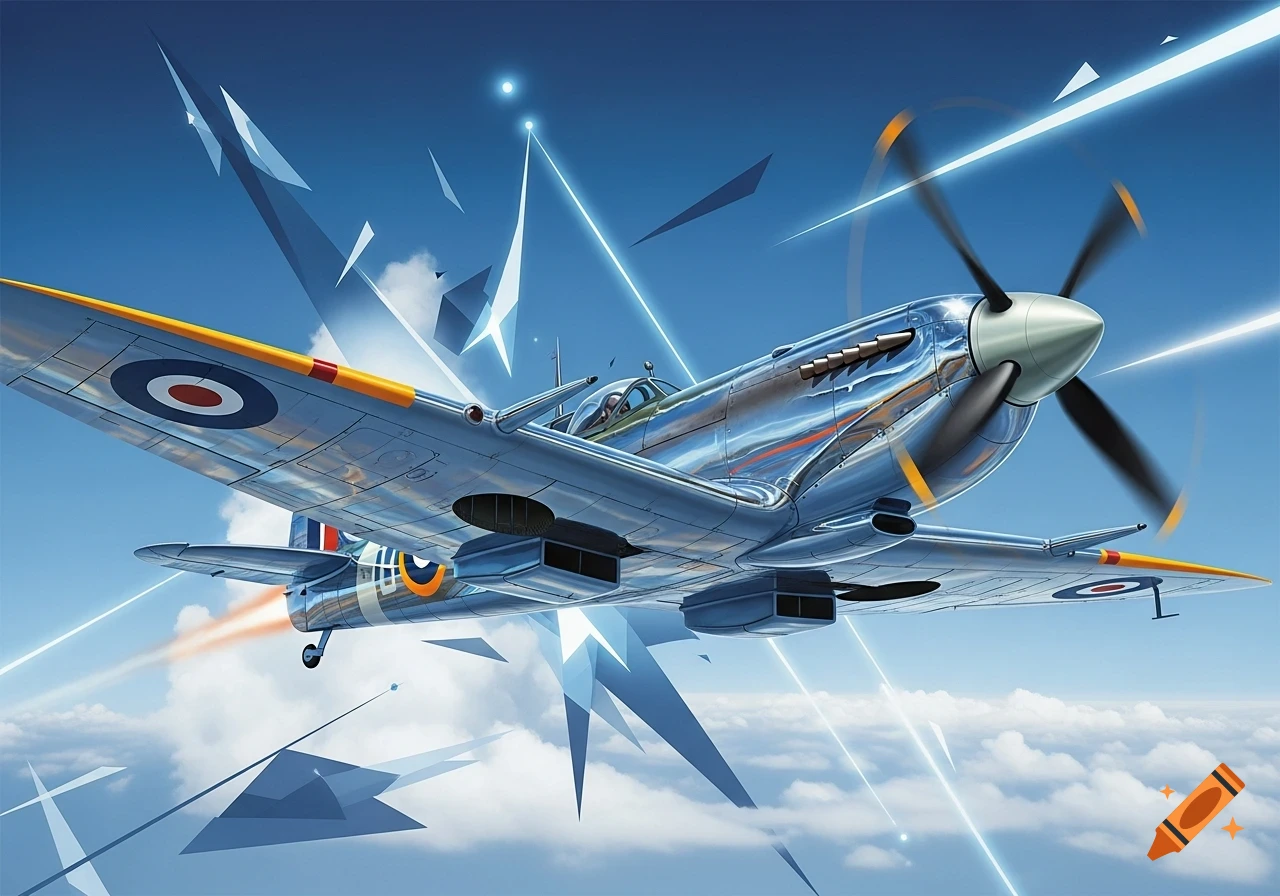 A futuristic illustration of a chrome Spitfire airplane with abstract shards and light trails against a blue sky.