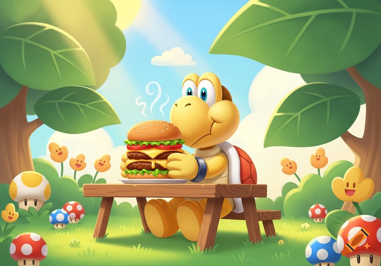 A cheerful cartoon Koopa Troopa from Super Mario sits at a wooden picnic table, happily eating a large double cheeseburger in a sunny, vibrant green field filled with flowers and mushrooms.