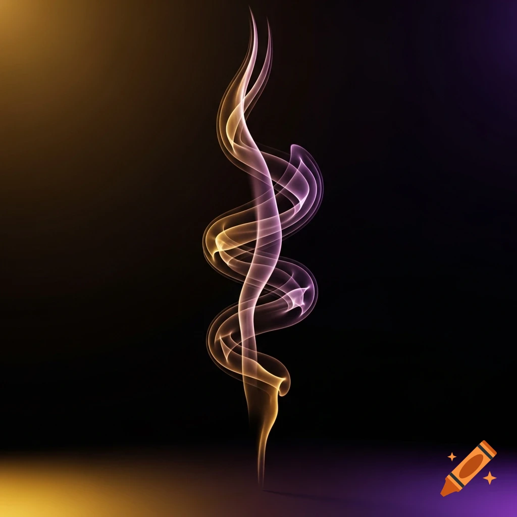 A vibrant gold and purple wisp of smoke elegantly curls upwards from a reflective surface against a dark background.