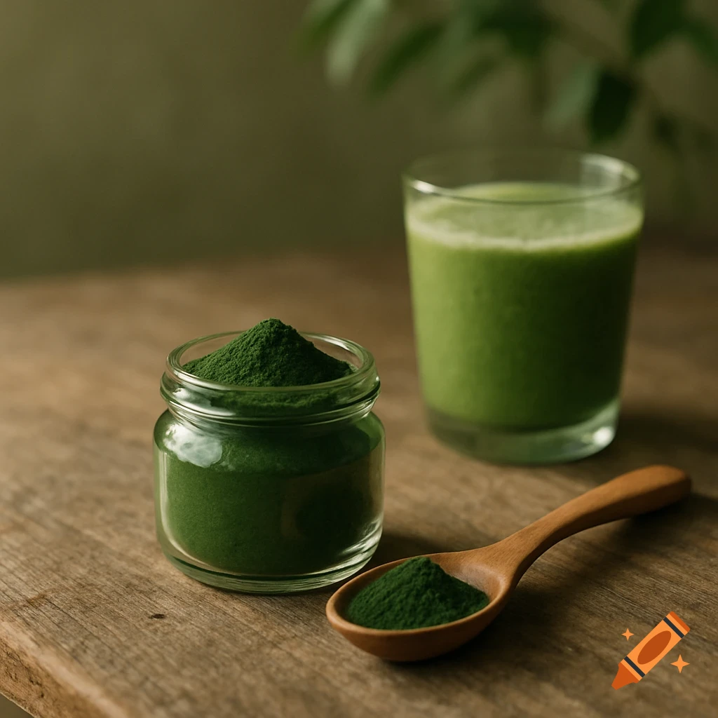 Chlorella powder in a small jar and on a wooden spoon, next to a green smoothie, on a wooden table with soft sunlight.