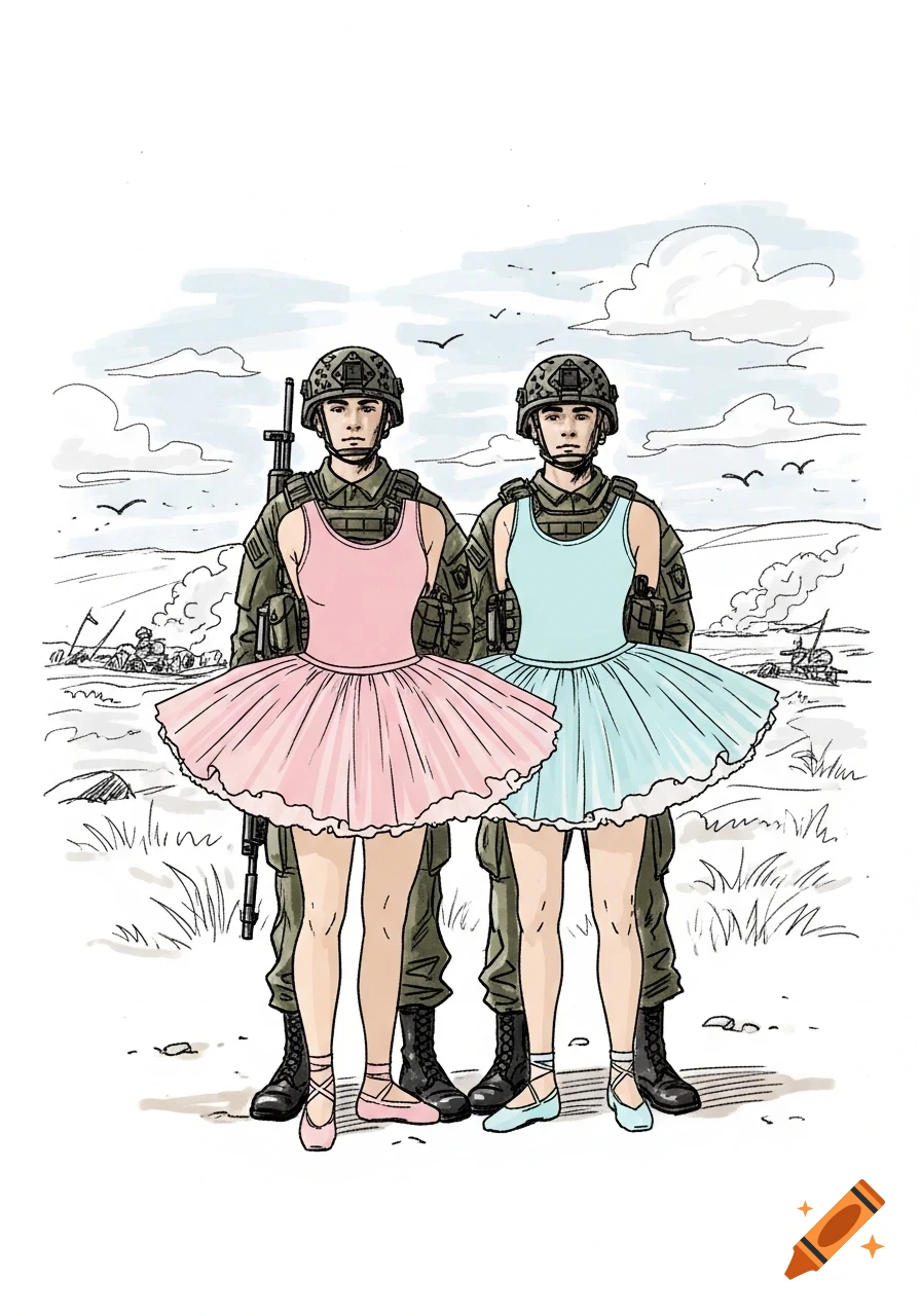 Two soldiers in military fatigues and helmets, wearing pink and blue ballet tutus and pointe shoes, stand in a field with distant battle scenes in a stylized drawing.