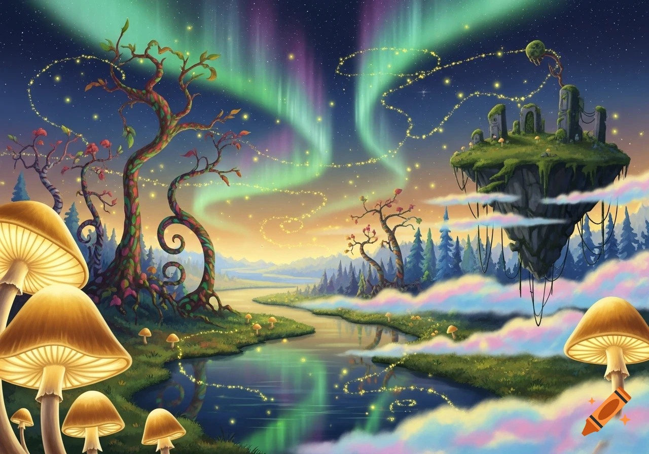 A vibrant fantasy landscape featuring glowing mushrooms in the foreground, a winding river, twisted trees, a floating island with ruins, and a colorful aurora borealis across a starry night sky.