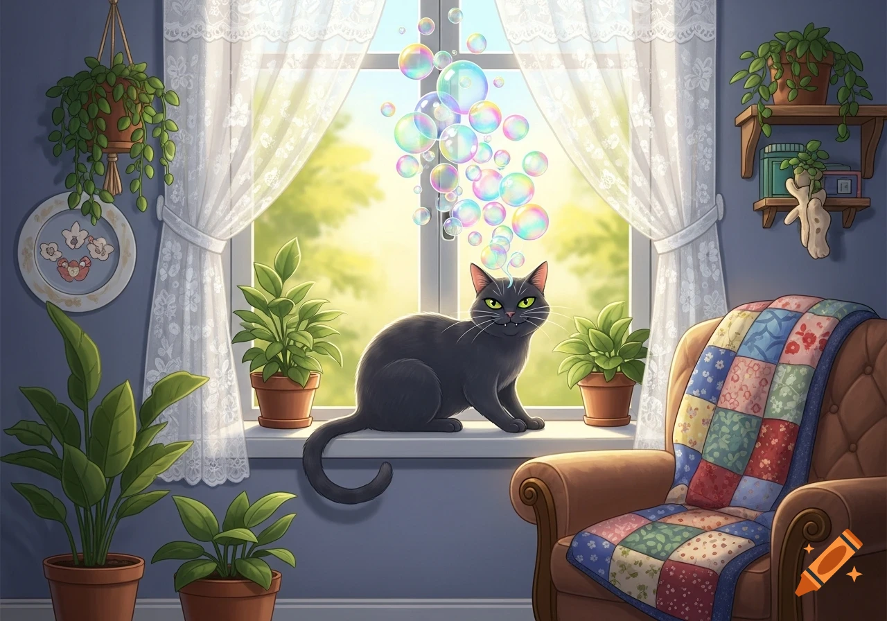 A cartoon black cat with green eyes sits on a sunlit windowsill with houseplants and colorful bubbles floating outside, in a cozy room.