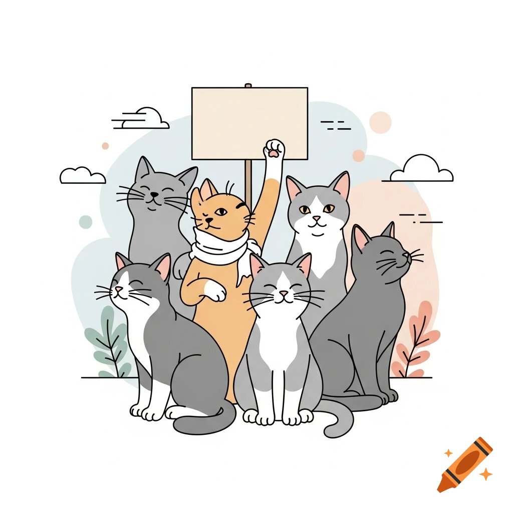 A group of cartoon cats, some gray and white, one orange, with one cat holding a blank protest sign. Illustrated in a simple line art style.