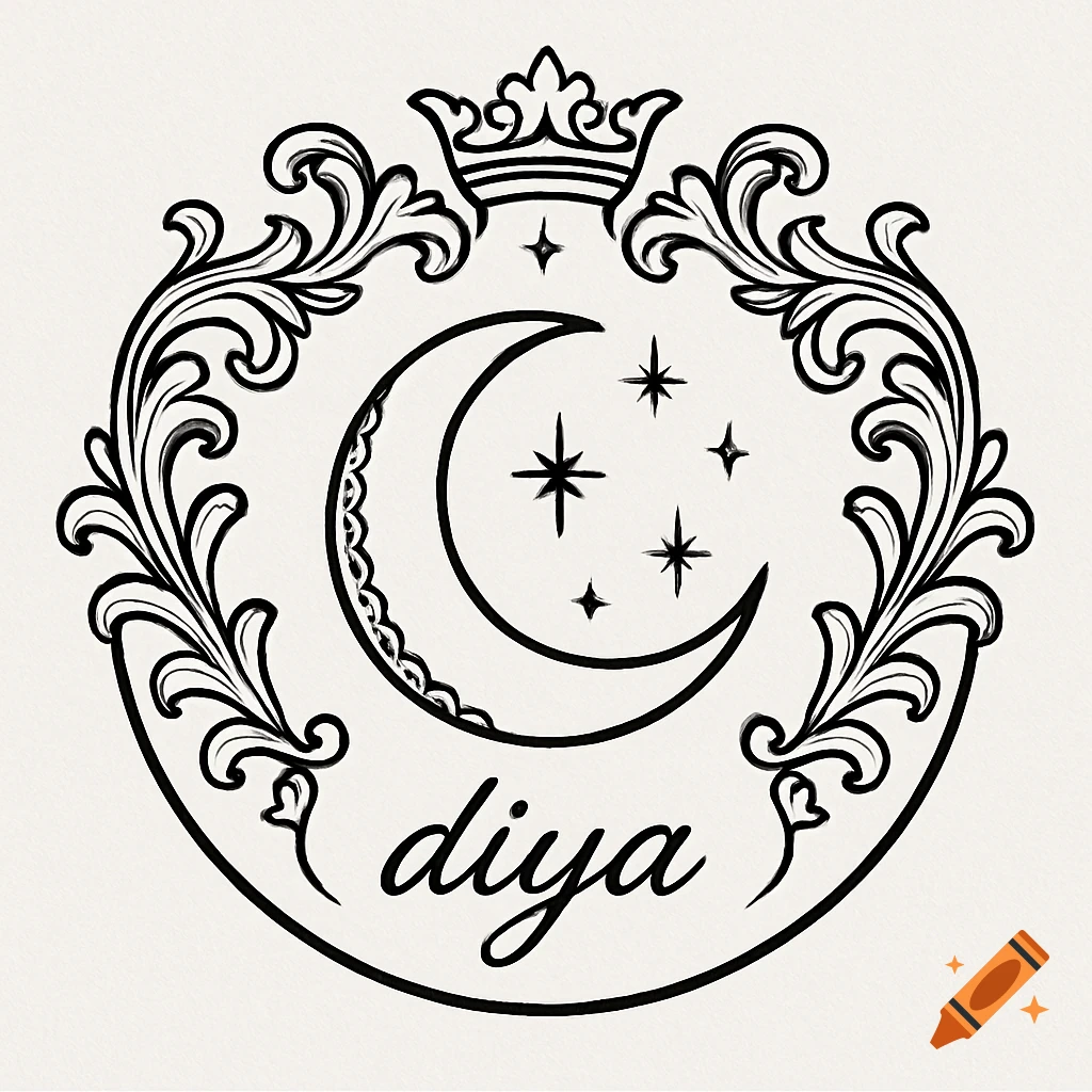 A black and white medieval emblem with a crown, a crescent moon with a lace border, stars, ornamental flourishes, and the name "diya" in cursive script.