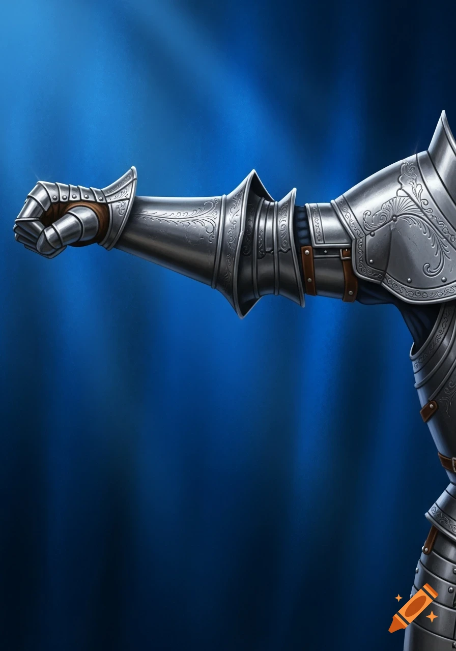 An arm clad in ornate silver knight's armor with a gauntlet in a fist, set against a royal blue background.