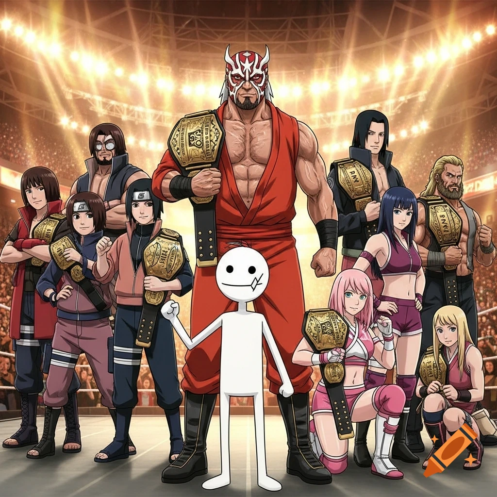 A group of anime and cartoon-style wrestlers, including a stick figure, stand in a brightly lit arena holding championship belts.