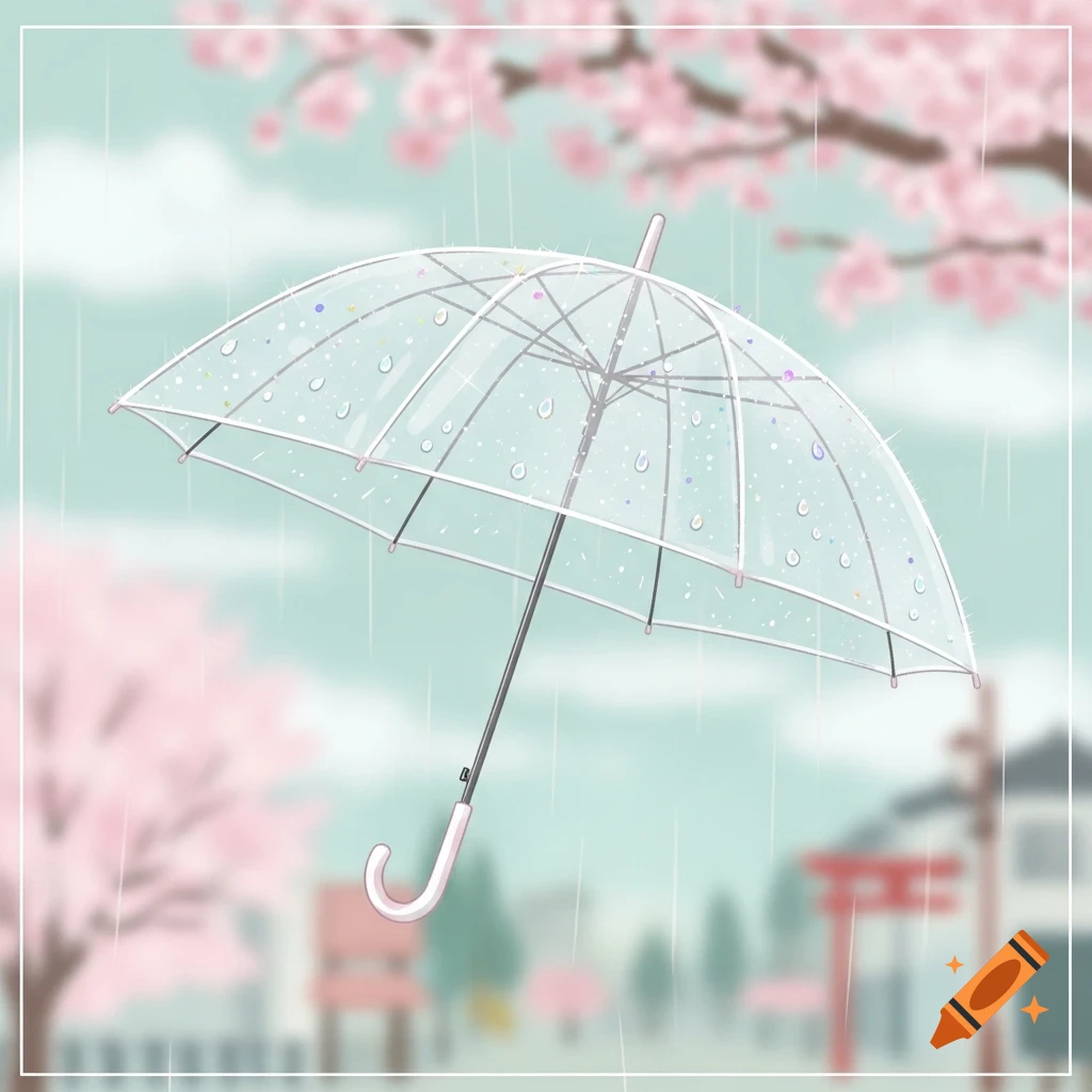 A pastel naive illustration of a clear umbrella with raindrops in the rain. Pink cherry blossoms and blurred Japanese buildings are in the background.