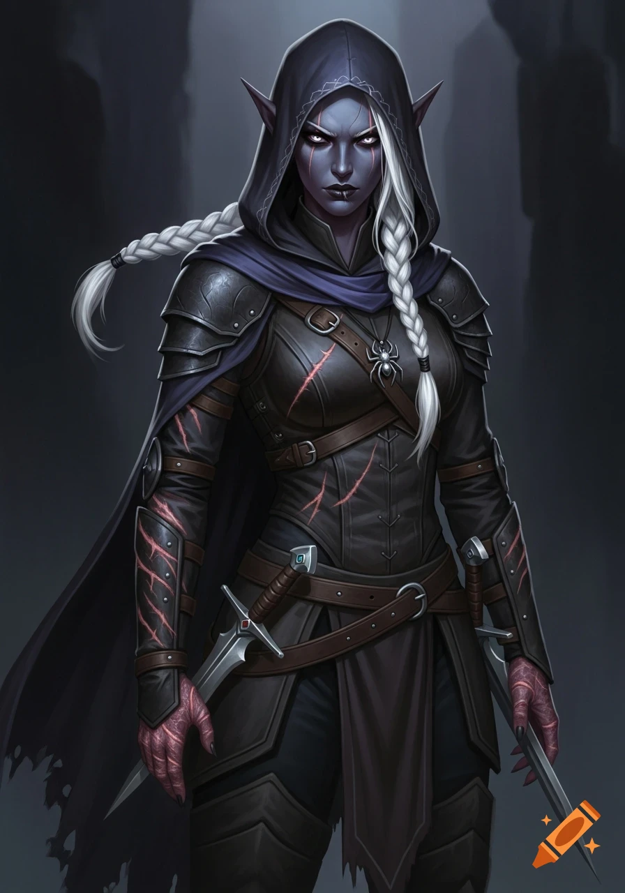 A female Drow elf rogue in dark leather armor and hooded cloak, with long white braided hair, glowing eyes, and scarred hands, holding daggers.