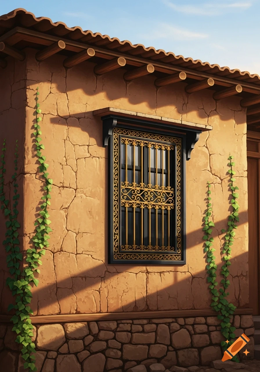 An earthen building wall with a black window featuring ornate gold grilles, green vines, and a tiled roof under a clear sky. Sunlight casts shadows.