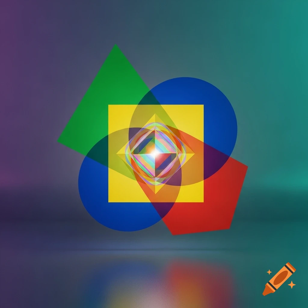 Translucent green triangle, blue circle, yellow square, and red pentagon overlap, forming an iridescent shape on a gradient background.