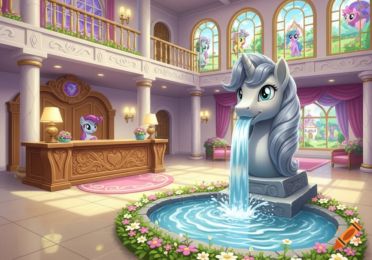A brightly lit hotel lobby in My Little Pony art style, featuring a pony receptionist, a unicorn head fountain, and arched windows.