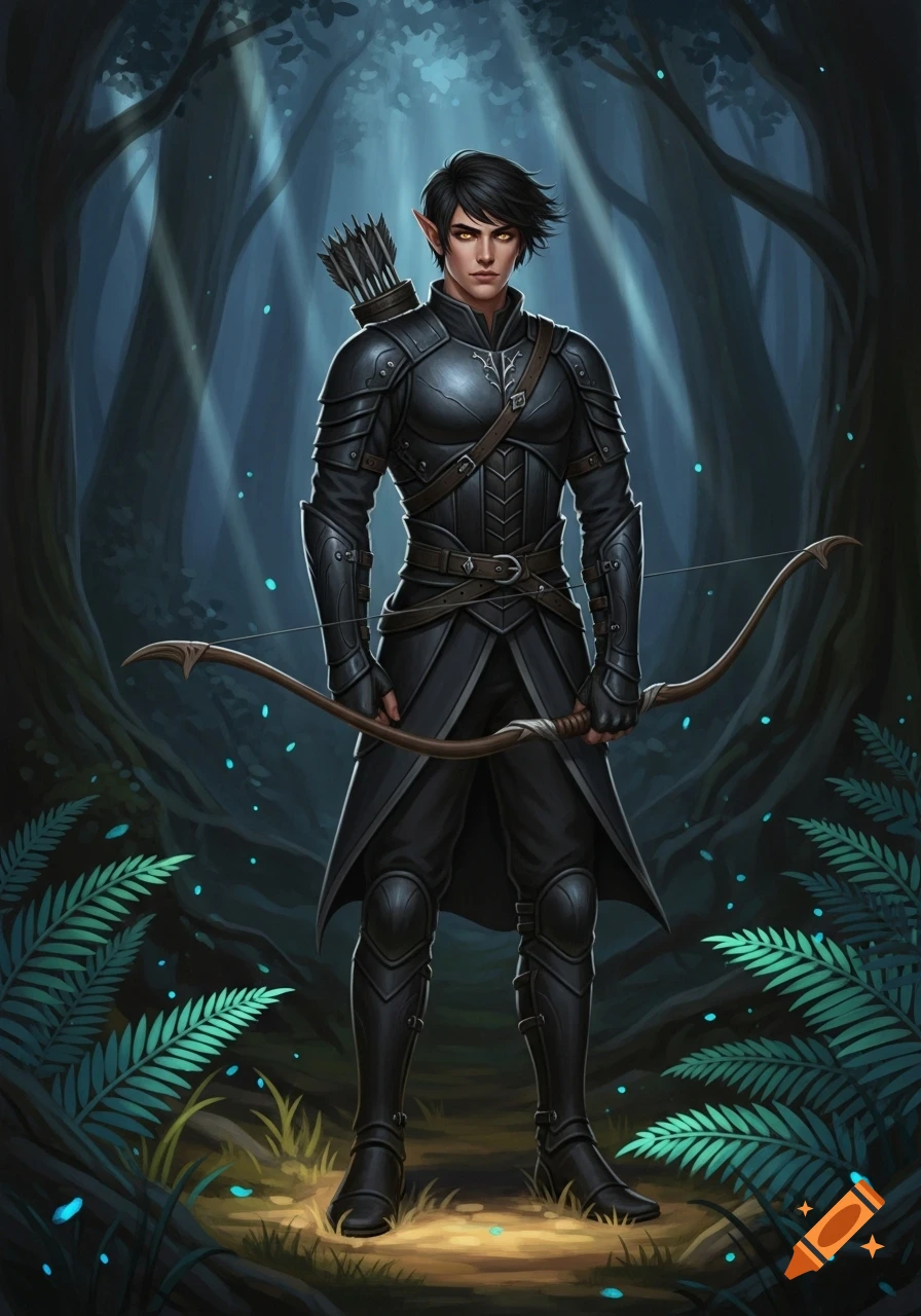 A male elf with black hair and golden eyes, wearing black armor and holding a bow, stands in a mystical forest.