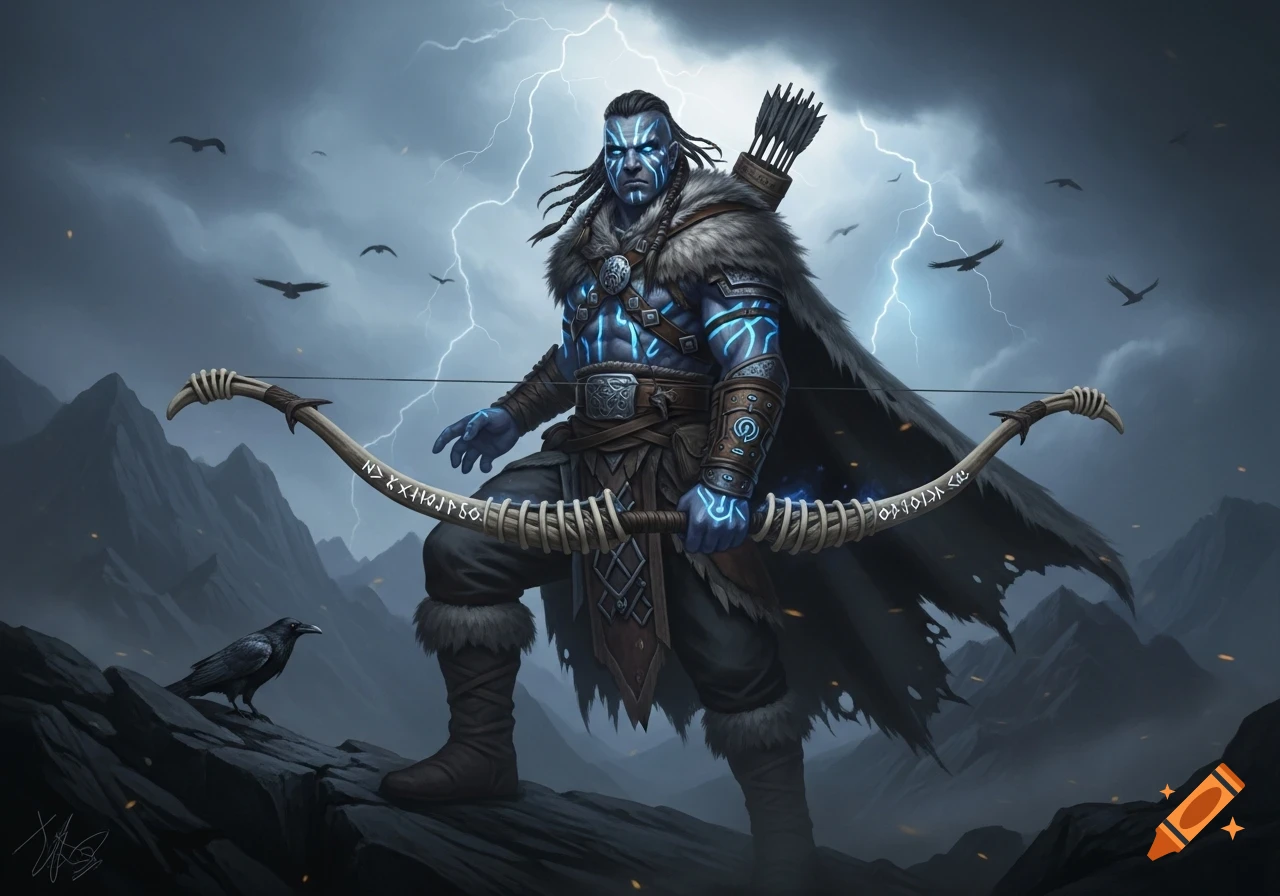 A Goliath ranger archer with blue tribal markings, fur cloak, and ...