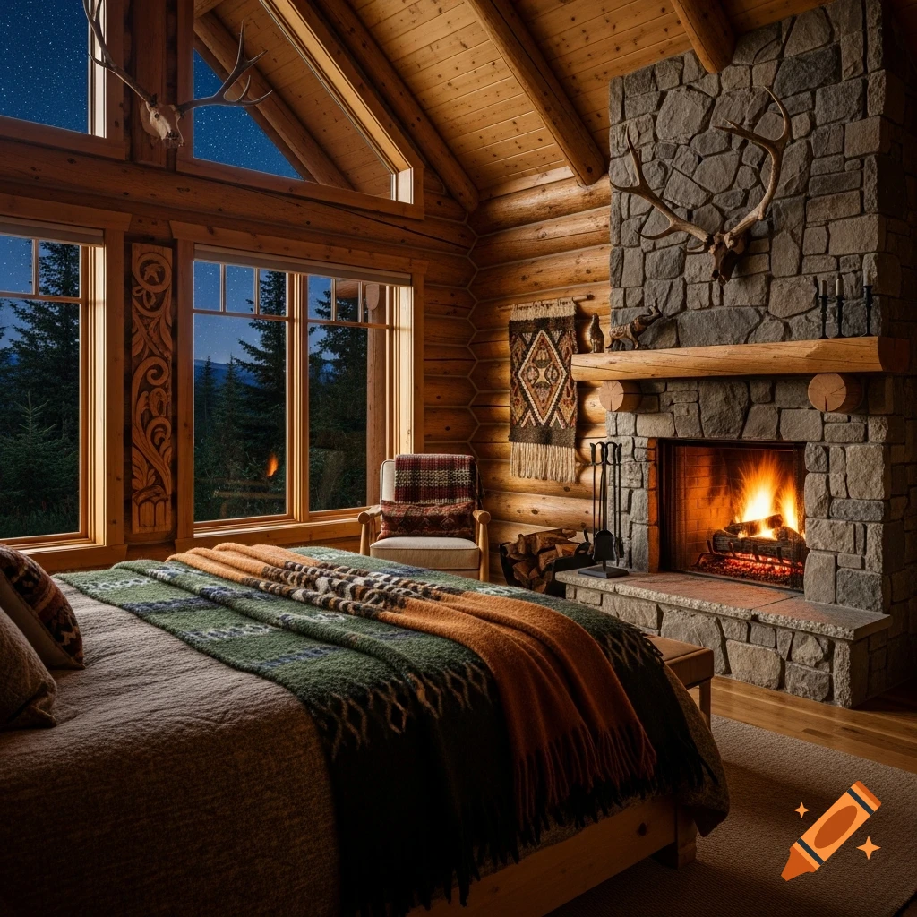 Cozy log cabin bedroom with a roaring fireplace, large windows showing a forest and starry night, and a bed with a green blanket.