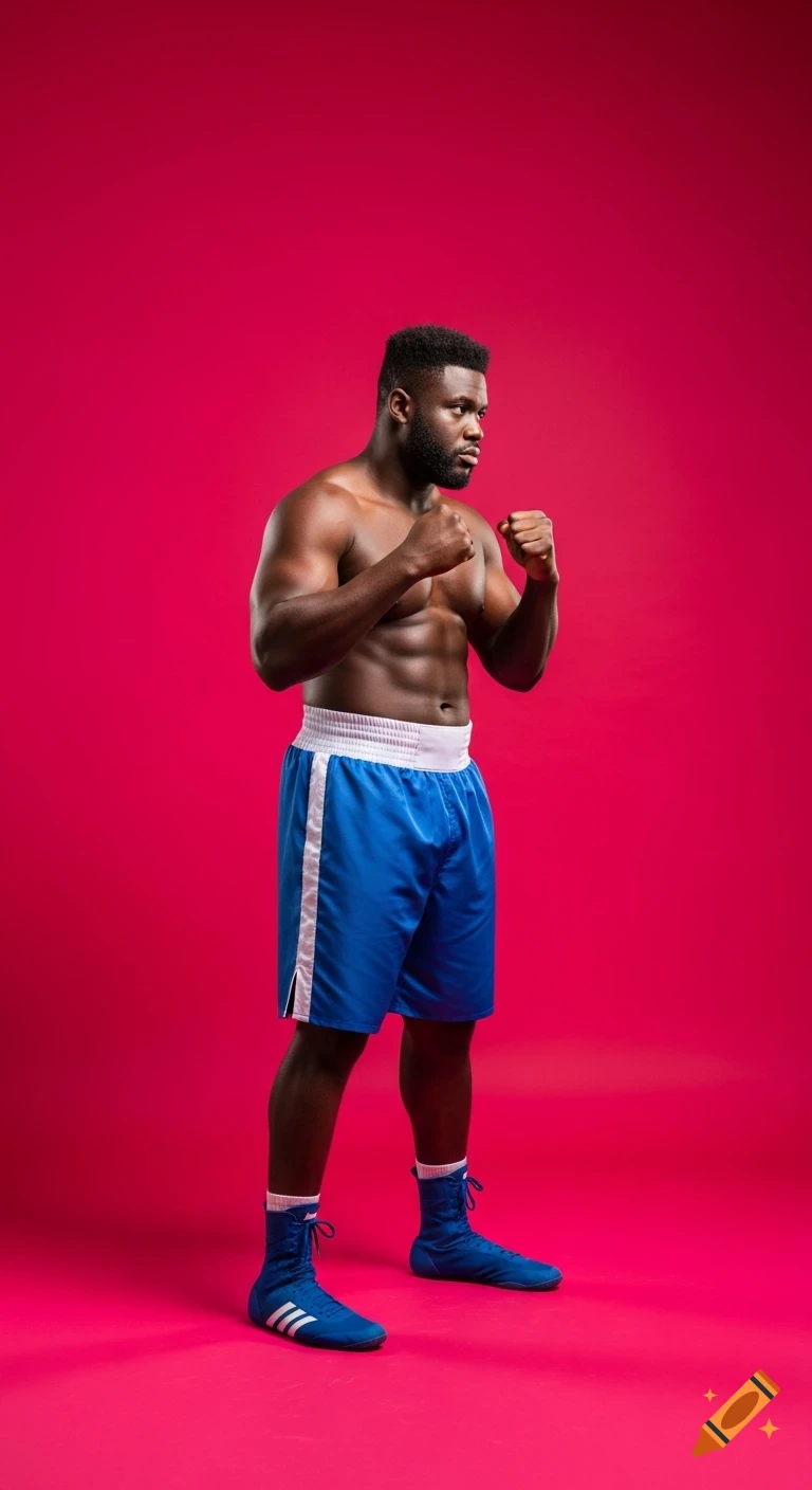 A shirtless black heavyweight boxer in blue trunks and boots stands in a fighting pose against a bright pink background.