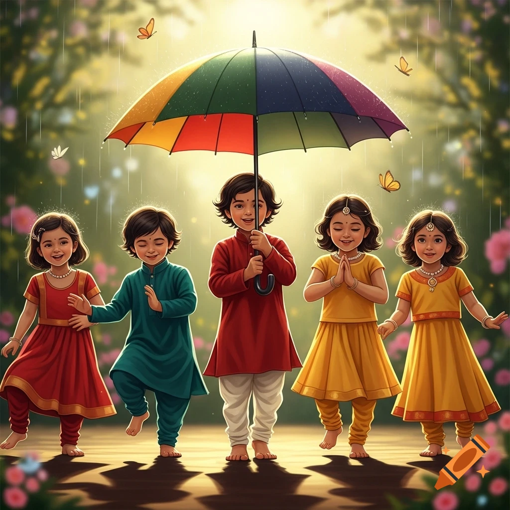 Five cheerful Indian children, wearing colorful traditional clothing, dance barefoot in the rain under a vibrant rainbow umbrella.
