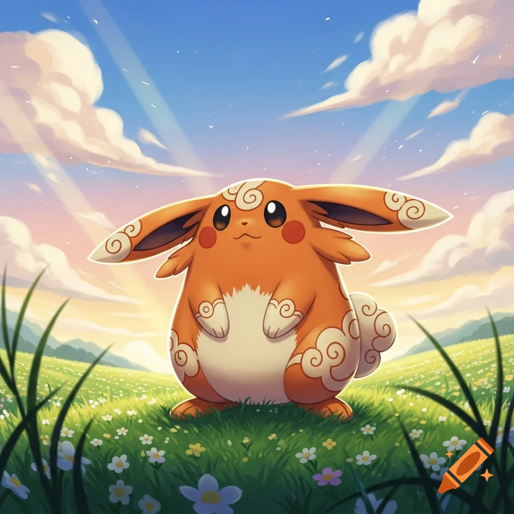 A cute, orange, bunny-like Pok mon with large ears stands in a vibrant green field under a sunny, cloudy sky.