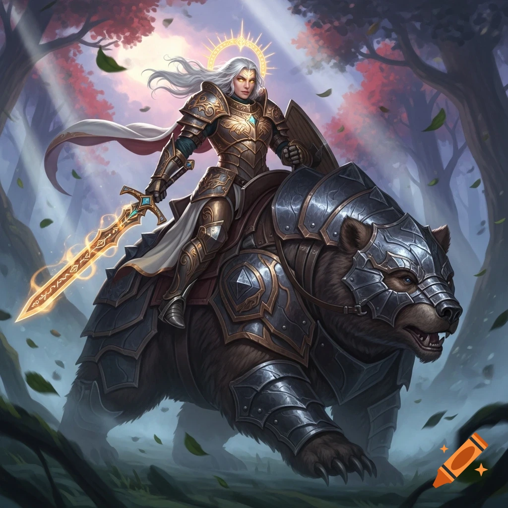 A white-haired Aasimar paladin in golden armor rides a heavily armored bear through a mystical forest with light rays.