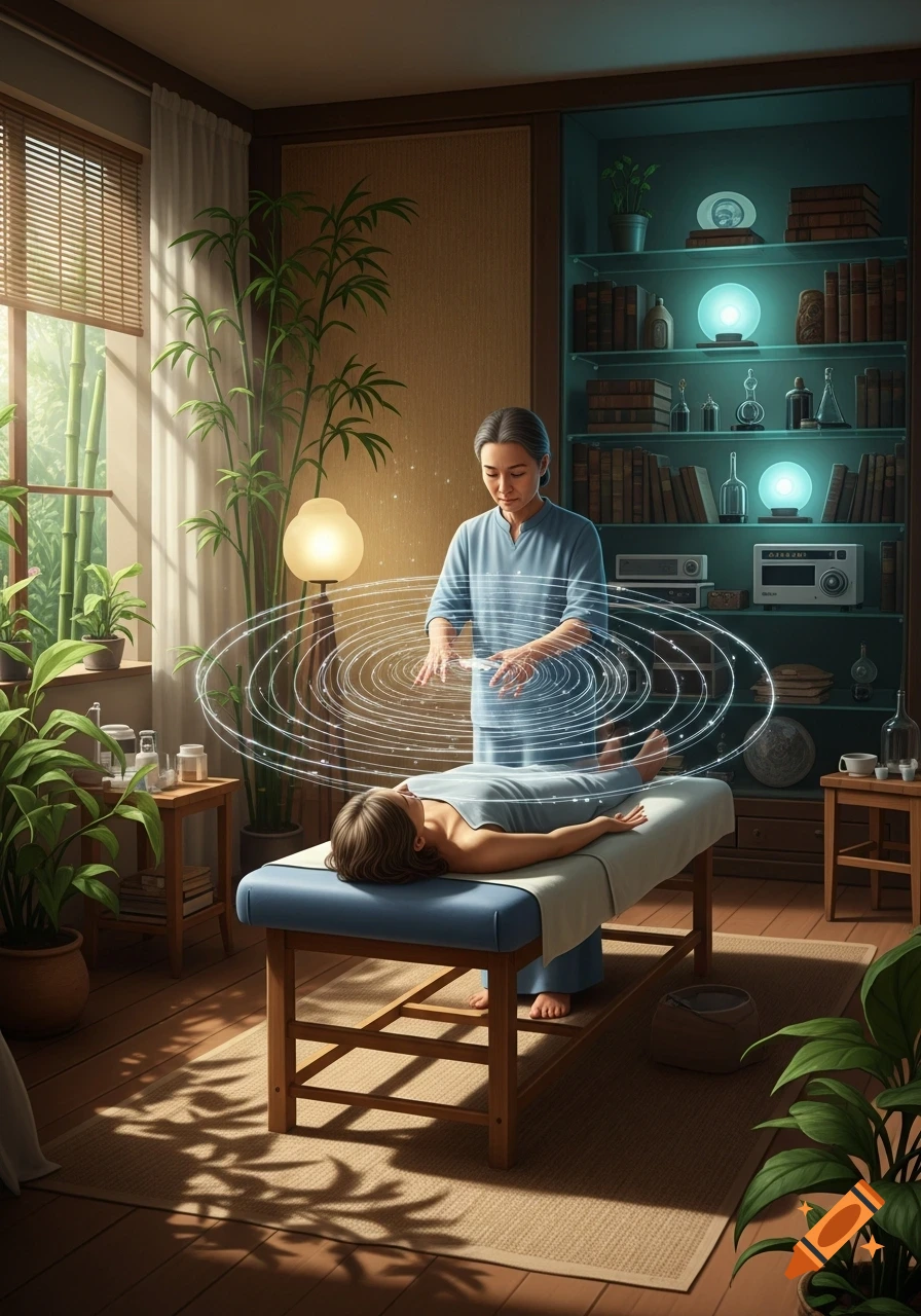 A therapist performs biomagnetism on a patient lying on a table, generating glowing energy rings in a serene room.