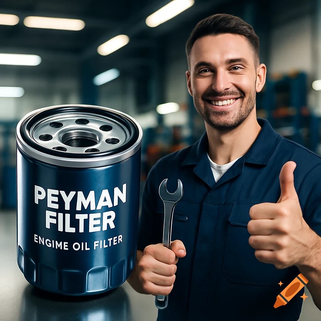 Smiling mechanic gives thumbs-up next to a blue 'Peyman Filter' engine oil filter in a professional auto workshop. Photorealistic.