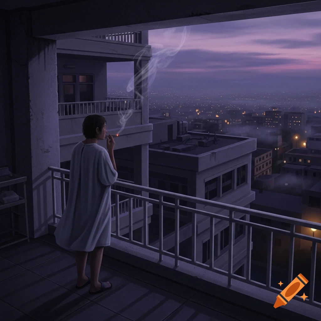 A person in a nightgown smokes on a balcony, looking over a hazy city skyline at dusk, in a digital painting style.