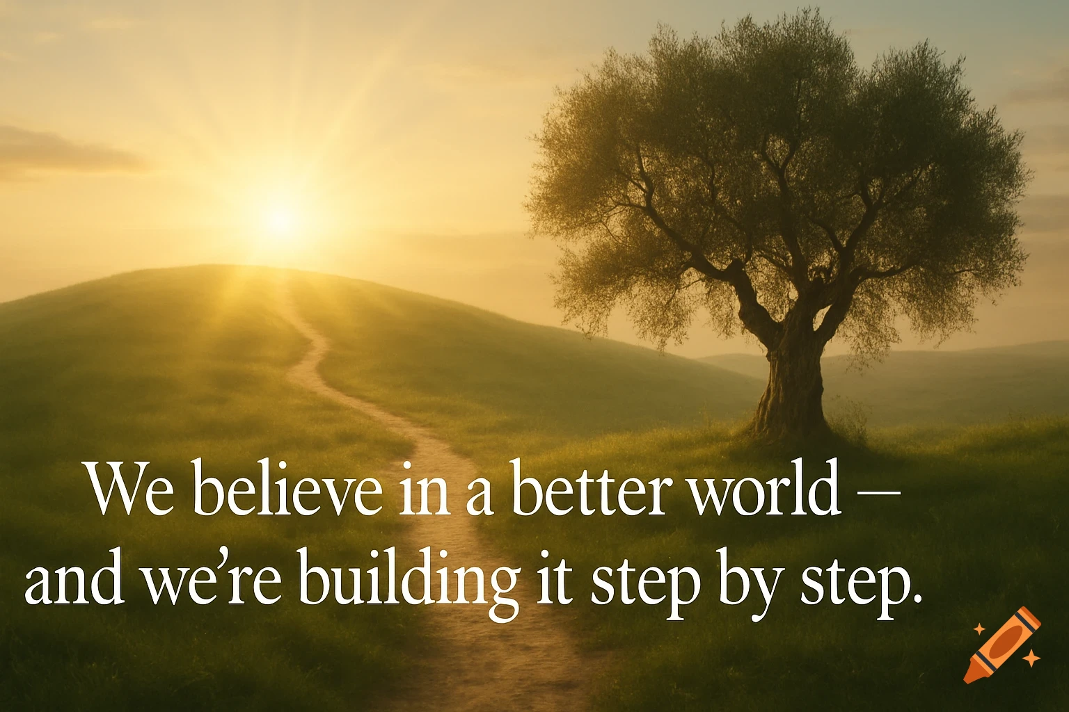 Golden sunrise illuminates a green hilly landscape with a winding path leading upwards and a large olive tree. The text reads: 'We believe in a better world — and we’re building it step by step.'