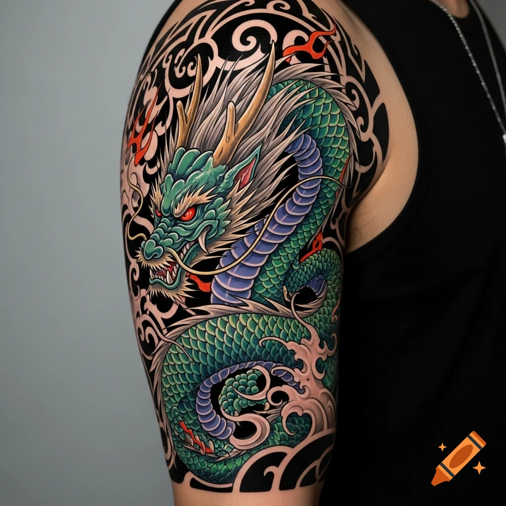 A vibrant green and blue Japanese-style dragon tattoo on a person's upper arm, featuring red eyes and intricate black swirling patterns.