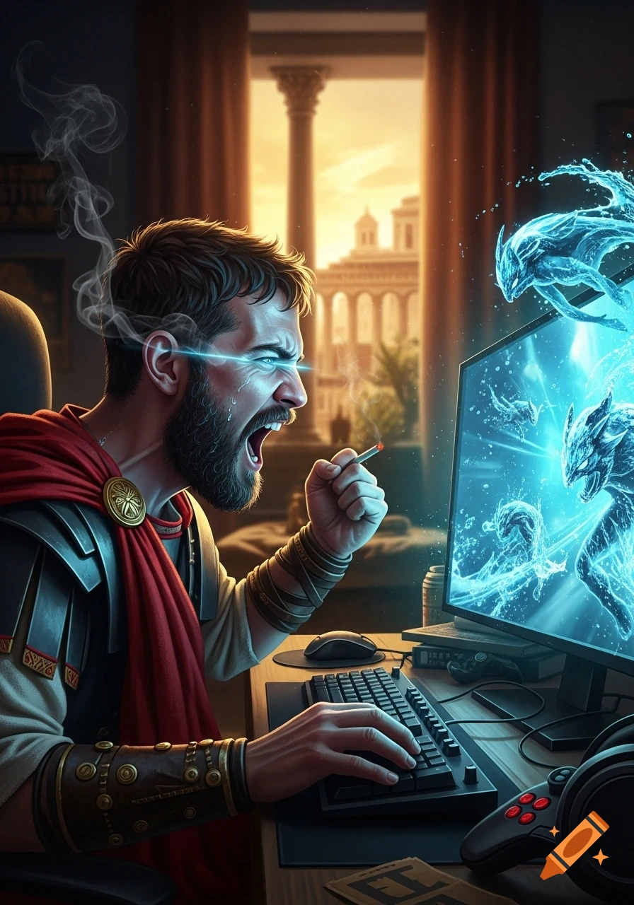 A bearded man in Roman armor with glowing eyes screams at a computer monitor displaying glowing water elementals, while holding a cigarette.