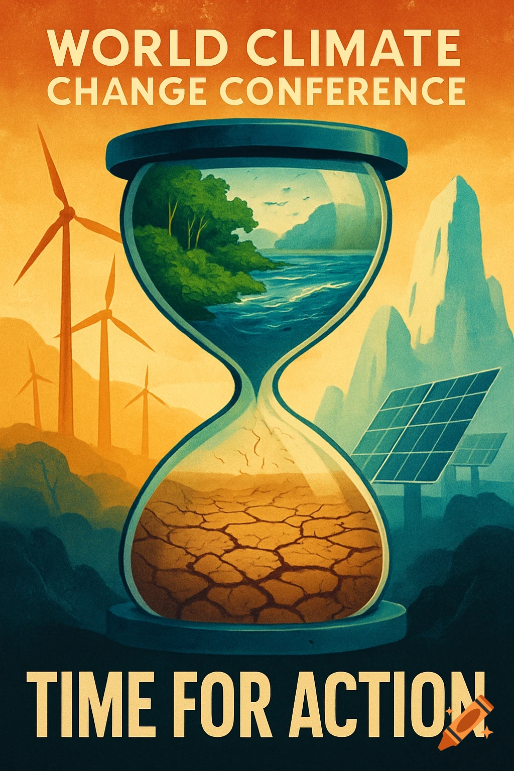 A retro-style climate change poster features an hourglass with lush green land and blue water in the upper bulb, and cracked, dry earth in the lower bulb. Wind turbines and solar panels are in the background. Text reads "WORLD CLIMATE CHANGE CONFERENCE" and "TIME FOR ACTION".