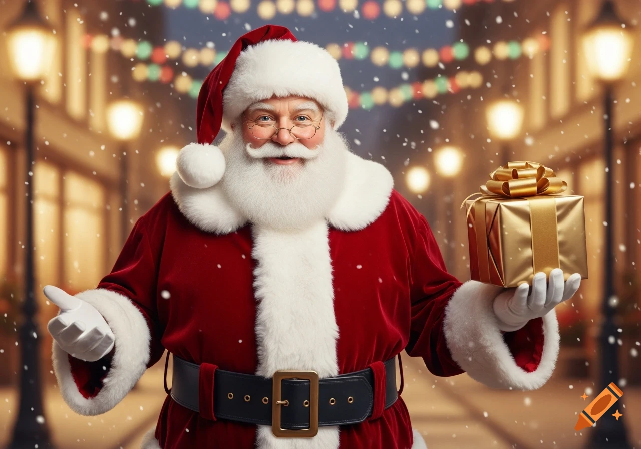 Photorealistic Santa Claus smiles, holding a golden gift, on a snowy street with blurry festive lights at night.