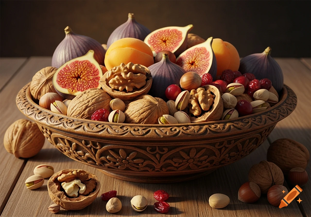 A decorative wooden bowl overflows with walnuts, pistachios, hazelnuts, figs, apricots, and dried red berries on a wooden table.
