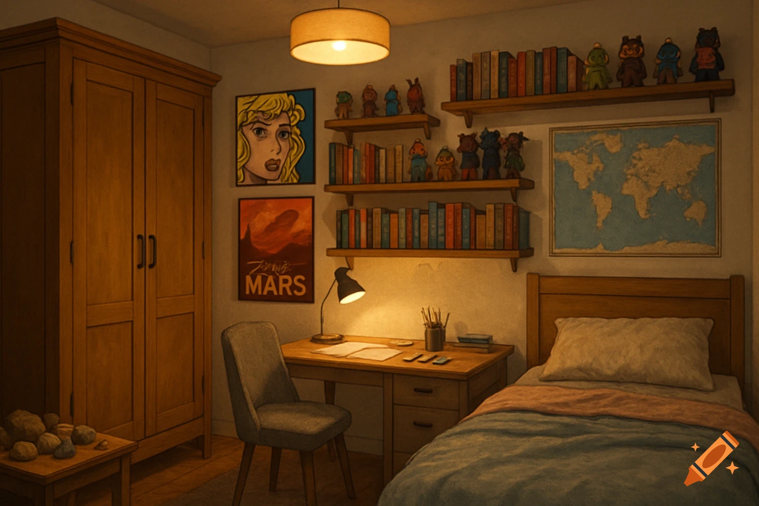 A cozy, dimly lit bedroom with a wooden bed, desk, wardrobe, and shelves filled with books and figurines.