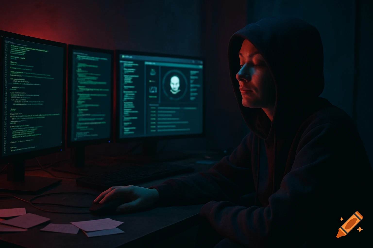 A person in a hoodie sits in a dark room illuminated by glowing red and blue monitors displaying code and a dark-web interface, their hand on a mouse.