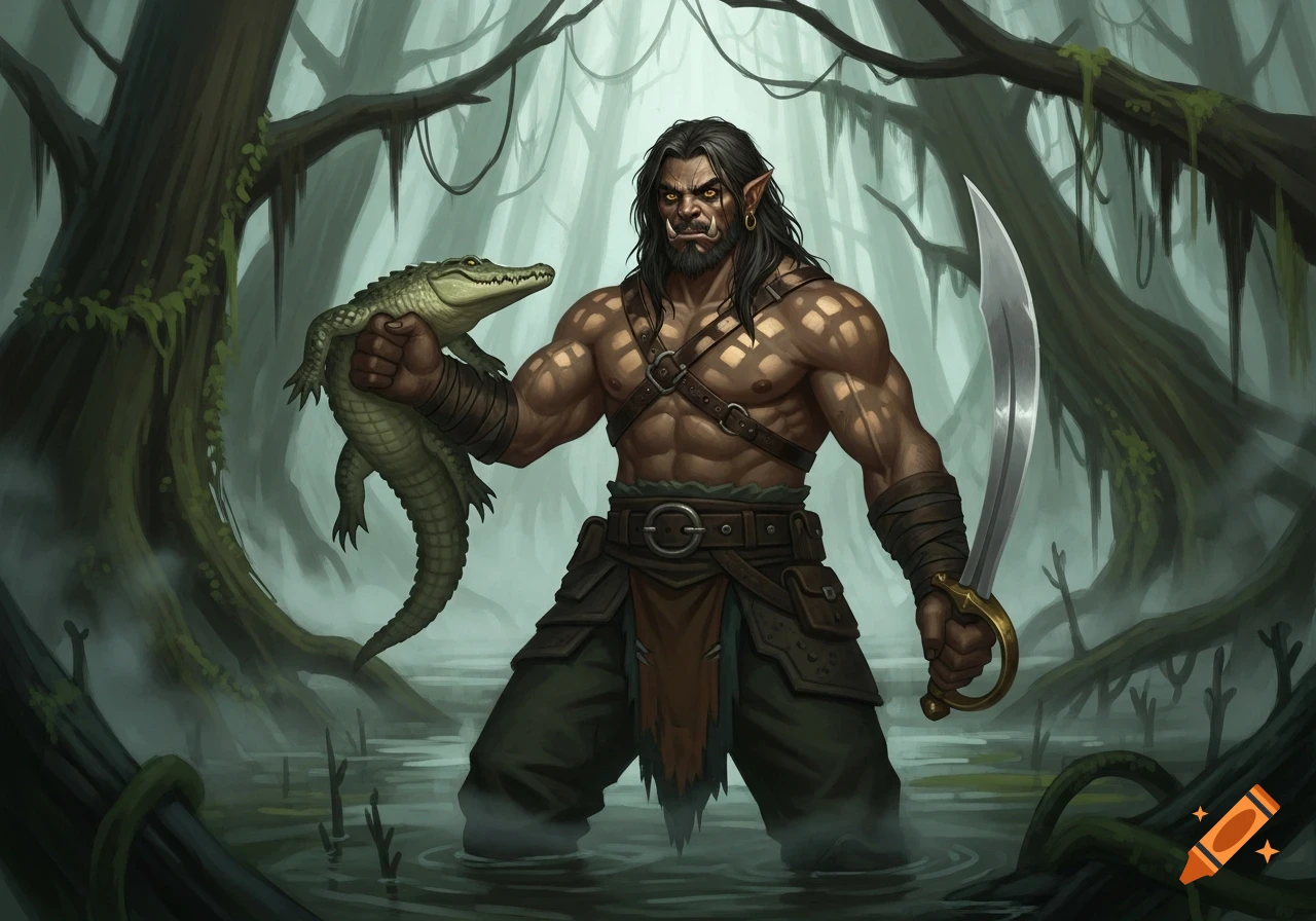 A muscular male half-orc with tribal markings, long dark hair, and yellow eyes stands in a foggy swamp, holding a small crocodile and a scimitar.