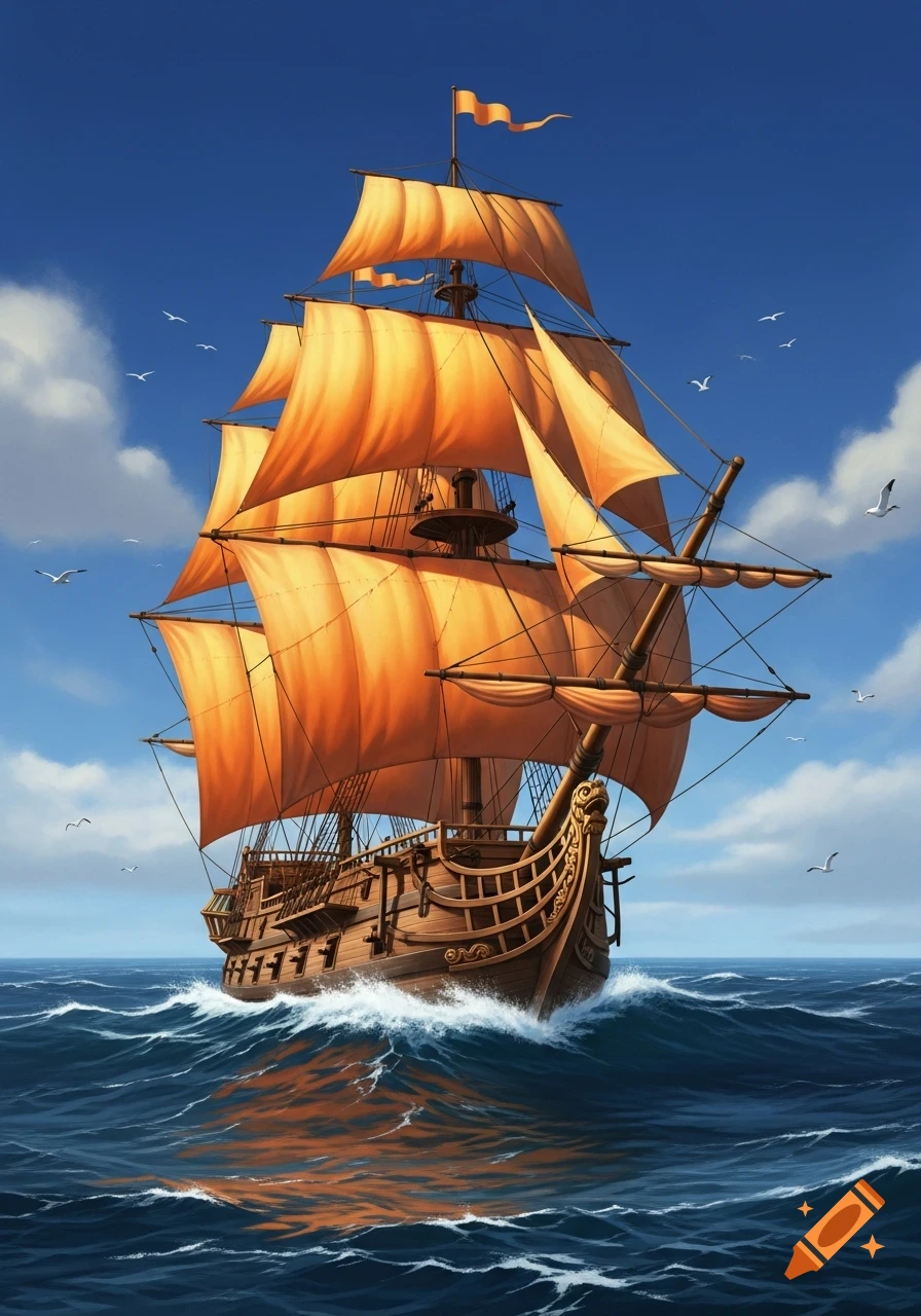 A majestic wooden galleon with orange sails navigates rough blue seas under a clear sky with scattered clouds and seagulls.