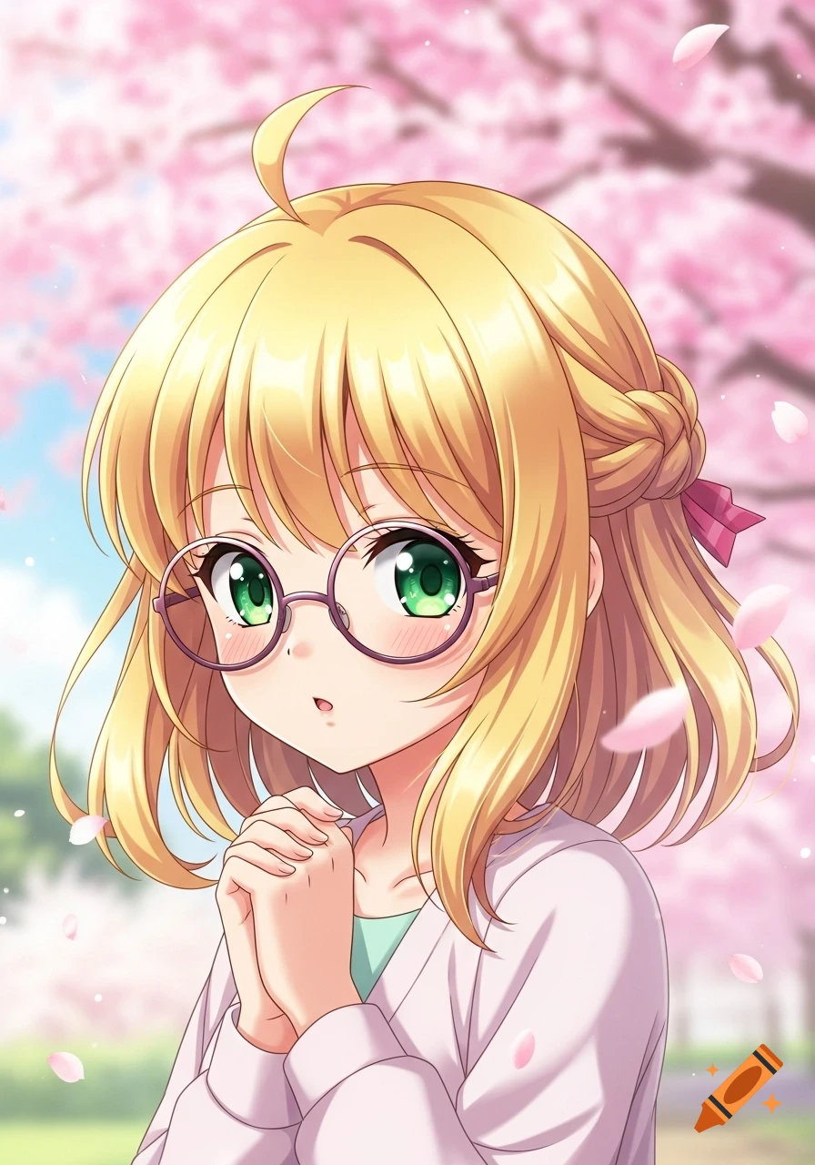 A cute anime girl with blonde hair, glasses, and green eyes, posing under cherry blossoms.