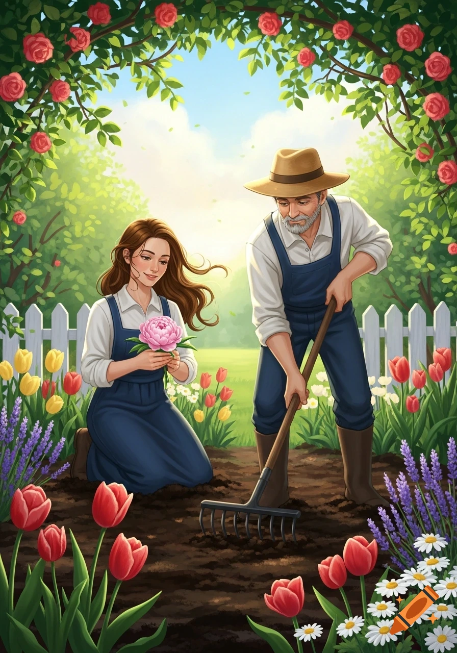 An illustrative scene of a man and woman gardening in a vibrant flower garden with a rose archway.